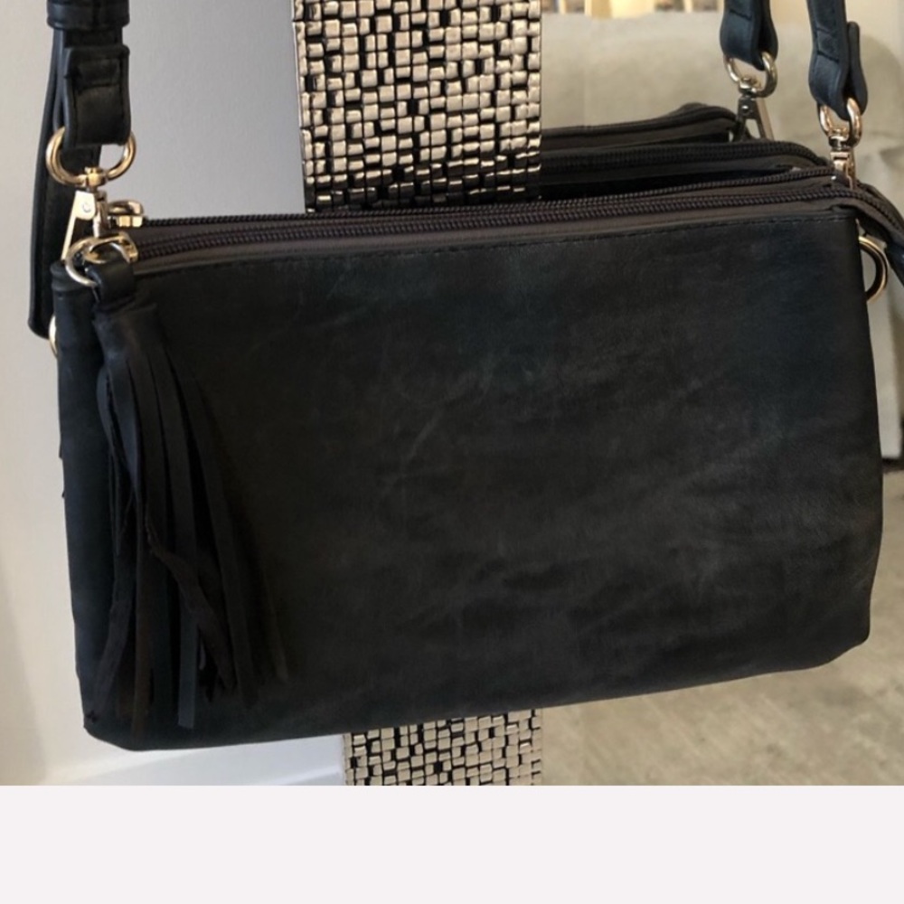 Grey cross body tassel bag